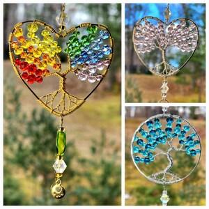 Suncatcher Gemstone wire Tree of Life in the ring.  Beaded with  gemstone chips or faceted beads.