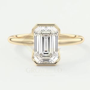 2.5 CT Emerald Cut Moissanite Engagement Ring Half Bezel Set Emerald Cut Wedding Ring 14K Solid Gold Solitaire Lab Grown Diamond Ring.