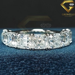 Asscher Cut Moissanite Wedding Band Moissanite Half Eternity Band 14K White Gold Band Asscher Cut Lab Grown Diamond Eternity Band For Women