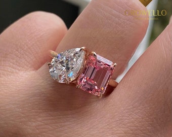 Emerald and Pear Two Stones Lab Grown Pink Diamond Ring Unique Toi Et Moi Moissanite Engagement Ring 14K Gold Ring Wedding Anniversary Ring