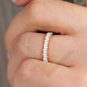 Scattered Mini Baguette Diamond Half Eternity Bridal Wedding Band For Women Baguette Lab Grown Diamond Stacking Band For Her 14K Gold Ring.