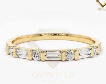 Alternating Baguette and Round Moissanite Diamond Wedding Ring Half Eternity Matching Wedding Band Lab Grown Diamond Ring Anniversary Ring.