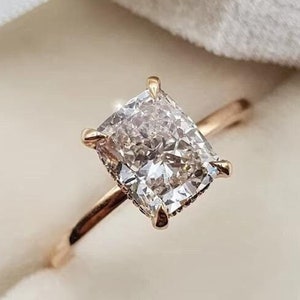 Elongated 1.5 CT Cushion Cut Moissanite Engagement Ring Hidden Halo Solitaire Ring Unique Wedding Ring Bridal Anniversary Gifts For Women.