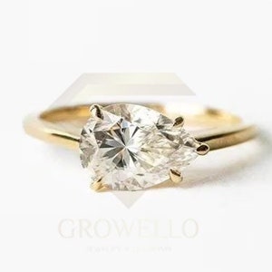 1 CT East-West Pear Solitaire Engagement Ring: Solid Gold, Lab Grown Diamond or Moissanite