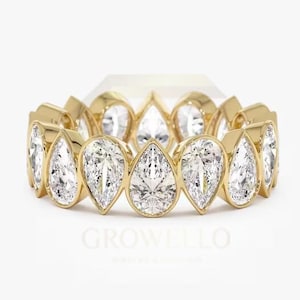 Pear Moissanite Eternity Ring 14K Solid Gold Full Eternity Pear Shape Lab Grown Diamond Wedding Ring Bezel Set Pear Lab Grown Diamond Band.