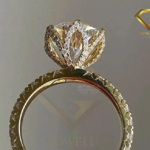3CT Tulip Prong Setting Ring Unique Round Diamond Engagement Ring Floral Style Lab Grown Diamond Wedding Ring 14KSolid Gold Anniversary Ring