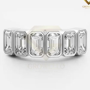 Emerald Cut Bezel Half Eternity Band: Solid Gold, Lab Grown Diamond or Moissanite