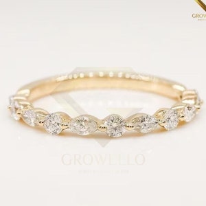 Round And Marquise Cut Moissanite Half Eternity Band Half Eternity Lab Grown Diamond Engagement Band 14K Solid Yellow Gold Wedding Band.