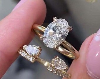 Conjunto de anillo de compromiso ovalado de 3 quilates: alianza a juego en forma de pera, oro macizo, diamante IGI-Lab o moissanita.