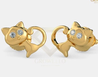 14K Solid Gold Mismatched Dainty Kitten Stud Earrings Moissanite & Lab Grown Diamond Lovely Cat Stud Earring Gift for Daughter.