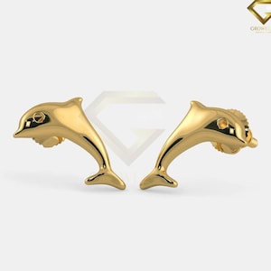 14K Solid Gold Dolphin Stud Earring Stud Earrings For Kids Cartilage Stud Earring Helix Studs Conch Earring Screw Back Earrings For Girls.