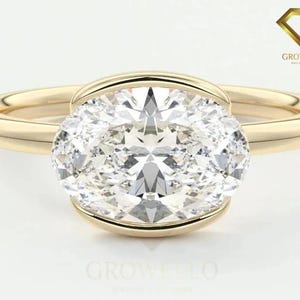 East West Oval Moissanite Engagement Ring Half Bezel Oval Lab Grown Diamond Ring 14K Solid Gold IGI Certified Diamond Solitaire Ring.