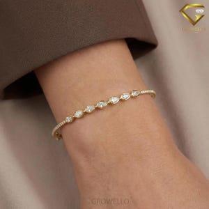 Pear Diamond Bangle, Dainty Pave Stackable Bracelet, Minimalist Gold, Lab Grown or Moissanite