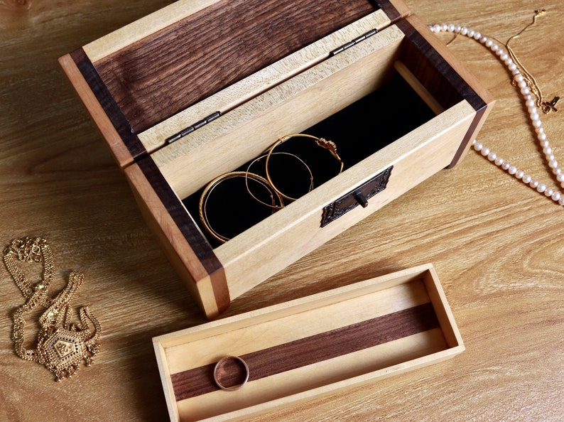 Walnut and Maple Wood Box Wooden Jewellery Box Keepsake Box