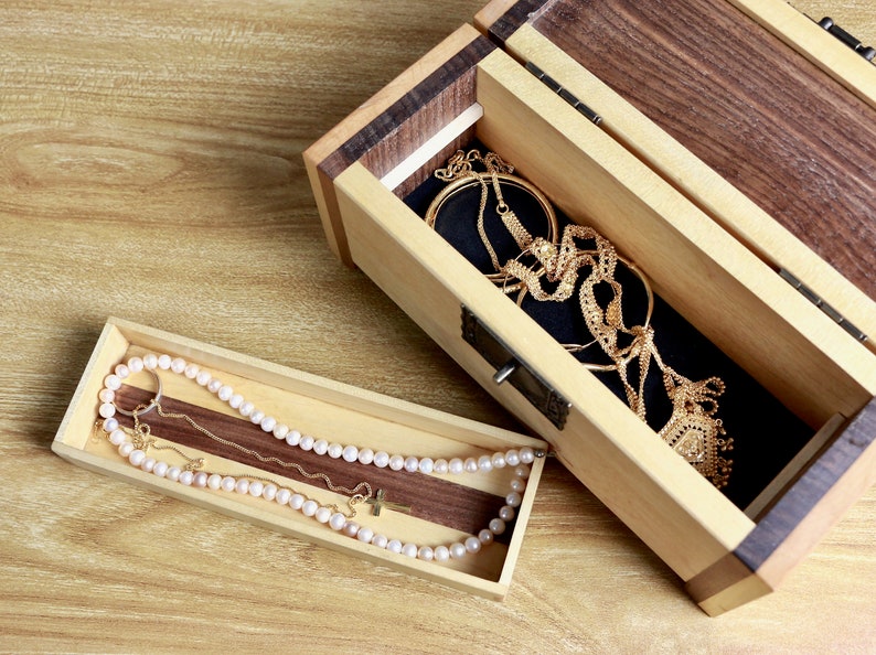 Walnut and Maple Wood Box Wooden Jewellery Box Keepsake Box