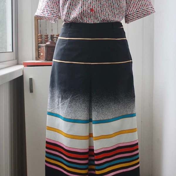 60s 70s Mod Skirt | Candy Striped Midi Skirt | Kick Pleat Skirt | Rainbow Stripe Skirt | Multicolor Cotton Midi Skirt