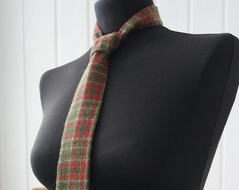 50s 60s Wool Plaid Tie | Square End Tie | Red Olive Green Tie | Skinny Necktie