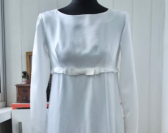 1960s Mod Wedding Gown with Bateau Neckline, Empire Waist, Bow Belt and Daisy Flower Applique