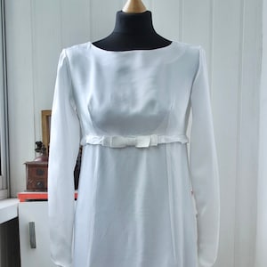 1960s Mod Wedding Gown with Bateau Neckline, Empire Waist, Bow Belt and Daisy Flower Applique