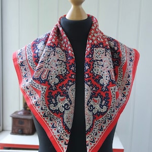 1970s Bohemian Scarf with Red Blue Floral Paisley Pattern