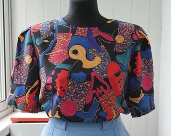 80s Abstract Print Top with Shoulder Pads | Colourful New Wave Shirt | Psychedelic Satin Blouse