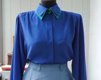 70s 80s Secretary Blouse by Windsmoor | Bishop Sleeves, Puff Shoulder | Royal Blue Silky Blouse | Office Blouse Button Up Shirt