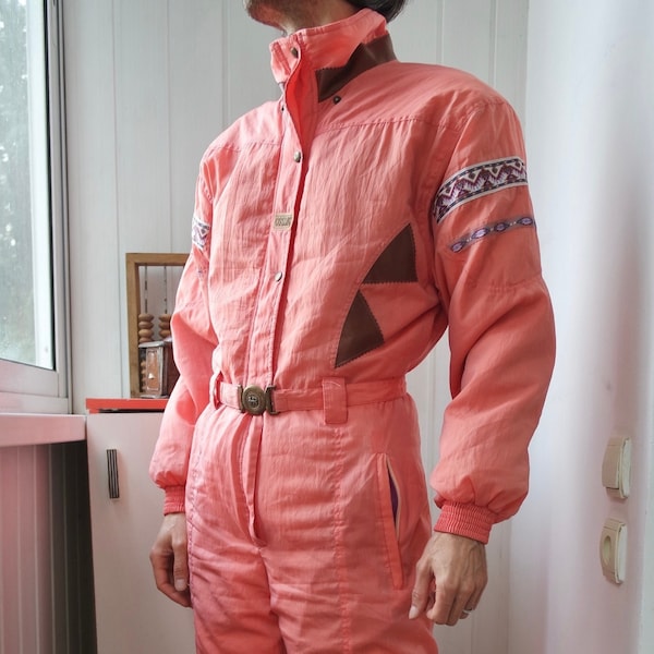 Combinaison de ski rétro années 80 corail | Combinaison de ski vintage | Combinaison SkiSuit rose