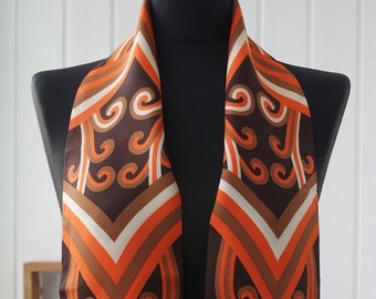 Groovy 60s 70s Mod Scarf | Orange Brown Neck Scarf | Silky Crepe Rayon Scarf | Small Neck Scarf