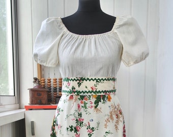 1970s Floral Prairie Maxi Dress: Off Shoulder, Puff Sleeves, Empire Waist with Corset Belt, Romantic Cottagecore Look