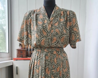 90s does 70s. Two Piece Set Dress, Coord | Paisley Blouse, Pleated Maxi Skirt | Camp Collar Shirt Skirt Set