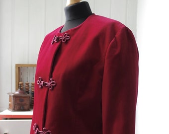 Wine Red Velvet Jacket | Asian Style Jacket, Frog Closure |  Cheongsam Boxy Collarless Jacket | Burgundy Blazer Women