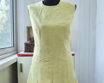 1960s Mod A-line Dress: Sleeveless, Knee Length, Floral Embroidered, Box Pleated Skirt - Cocktail Chic Retro Elegance