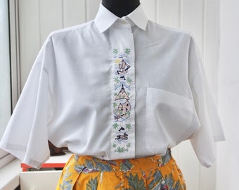 80s Button Up Shirt, Short Sleeve, Caribbean Embroidery | White Boxy Shirt | Casual Dress Shirt | Oversized Button Ups