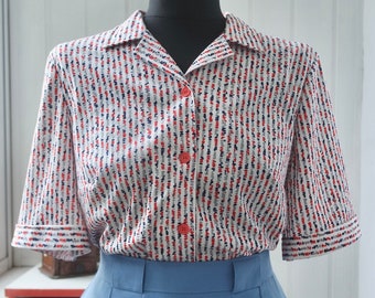 1970s Button Up, Red White & Blue Dots | Camp Collar Shirt | Jersey Knit Top | Abstract Printed Button Up Blouse