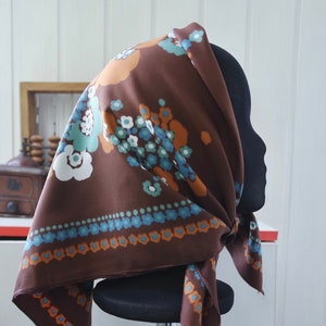 1960s-1970s Floral Headscarf in Neon Blue and Earthy Brown, Hippie Flower Power