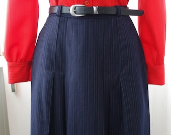 Gonna a tubino plissettata in pura lana anni '80 – Blu navy a righe sottili, vita alta, lunghezza al ginocchio, midi, St Michael Britain
