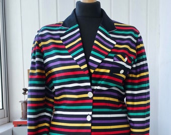 Blazer de rayas arcoíris de los años 80 / Chaqueta multicolor Mod New Wave / Puff de los años 80 / Chaqueta de traje de poder / Blazer de verano para mujer