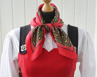 Austrian Dirndl Scarf | Red Polka Dot Scarf | Floral Head Scarf | Art Silk Hair Scarf