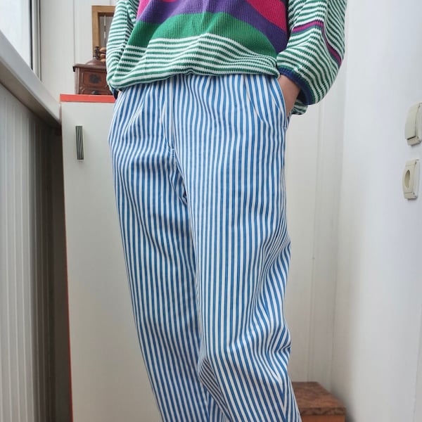 80s Baggy Pants for Cricket, Golf | Womens Striped Pants | 80s Pleated Pants | Carrot, Balloon Pants | Cricket Gifts