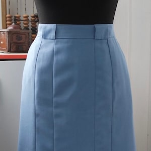 Baby Blue 1980s Midi Pencil Skirt: Box Pleated, Wool Blend Fabric, Smart Casual Office Wear