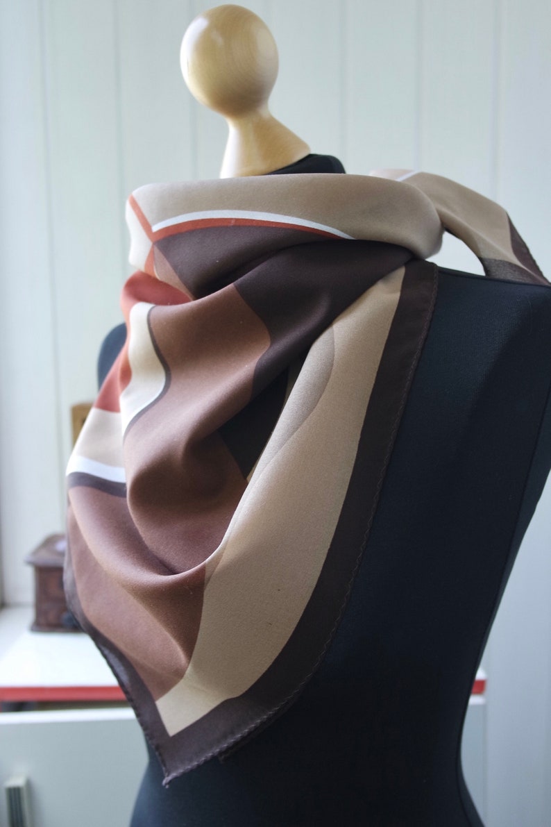 1970s Abstract Colorblock Scarf Large Square Scarf Beige Brown Silk Scarf Art Silk Kerchief zdjęcie 4