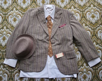 1950s Striped Tweed Sport Coat – Notch Lapel Beige Burgundy Heavy Wool Men’s Jacket, 40R Portly Fit