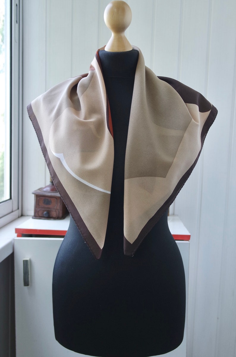 1970s Abstract Colorblock Scarf Large Square Scarf Beige Brown Silk Scarf Art Silk Kerchief zdjęcie 5