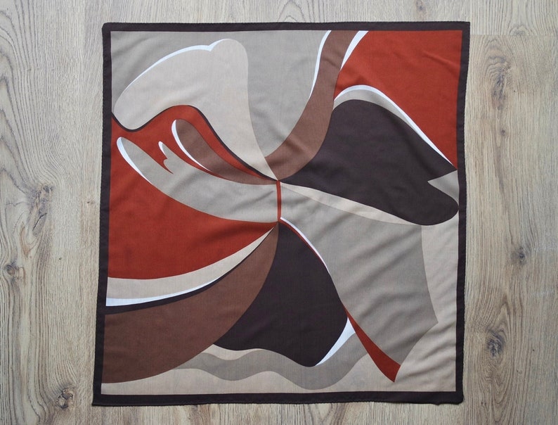 1970s Abstract Colorblock Scarf Large Square Scarf Beige Brown Silk Scarf Art Silk Kerchief zdjęcie 1