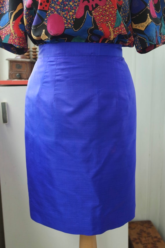 80s Royal Blue Pencil Skirt | Silk Satin Mini Ski… - image 2
