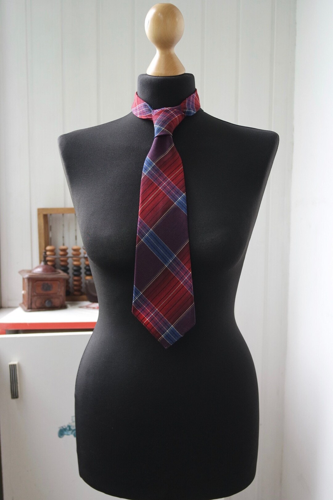 1930s Wool Plaid Necktie Red Blue Tartan Checkered Tie Etsy
