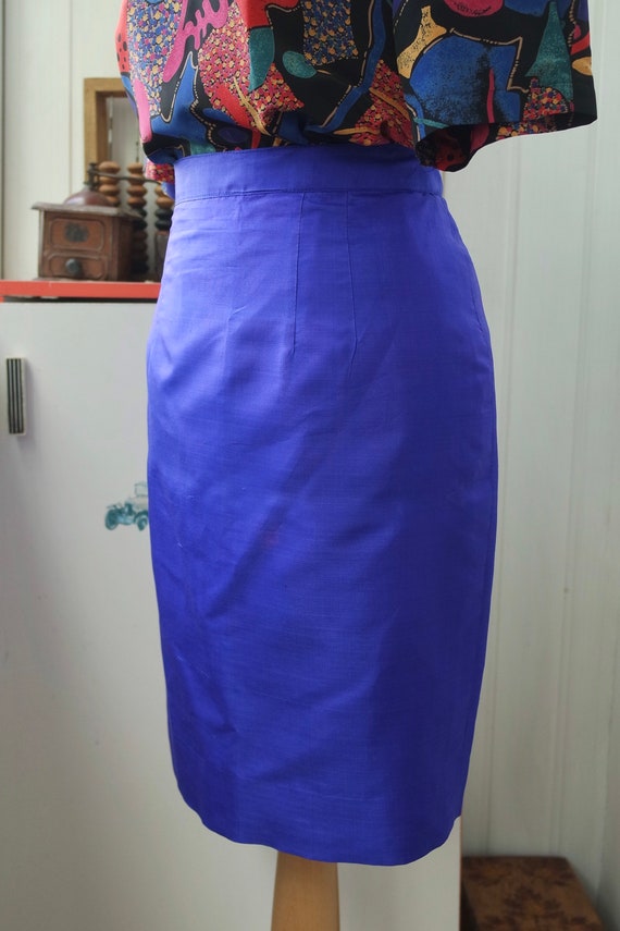 80s Royal Blue Pencil Skirt | Silk Satin Mini Ski… - image 3