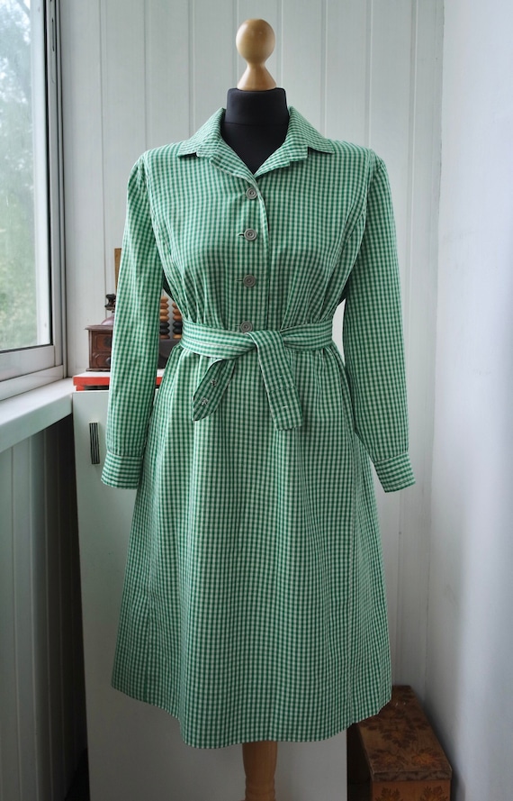 1960s Shirt Dress in Green Gingham Wool House Frock Petite Size Large Etsy