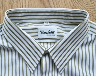 80s Casual Dress Shirt by Carletti | Olive Green Striped Button Down | Pinstripe Shirt | Groomsmen Shirt