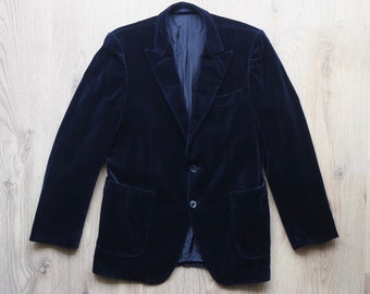 80s Mens Velvet Jacket, Peaked Lapel | Navy Blue Blazer | Dark Blue Jacket | Boyfriend Blazer